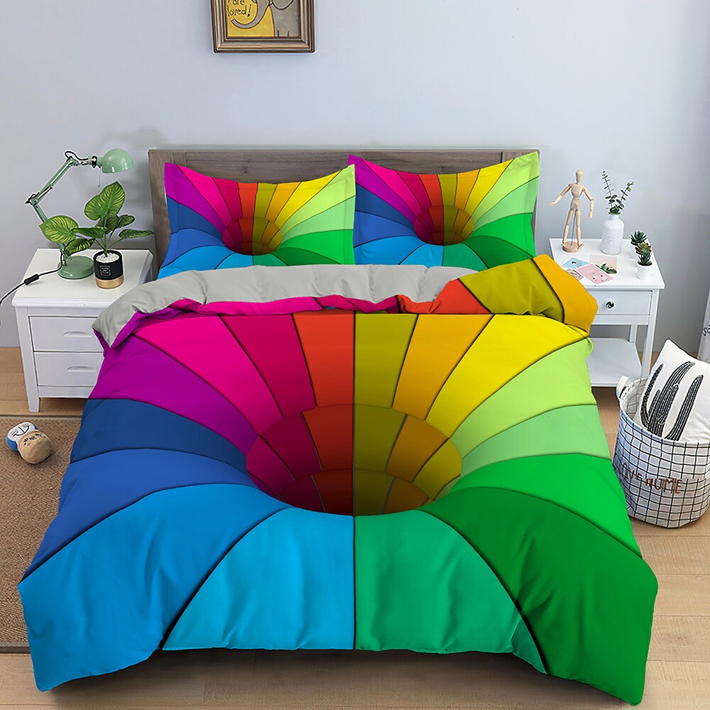 Mehrfarbiger Bettbezug mit optischer Täuschung und Löchern