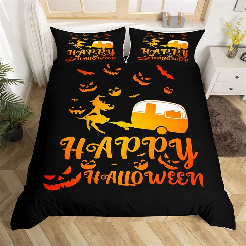 Schwarzer und orangefarbener Happy Halloween-Bettbezug