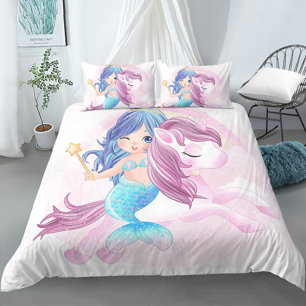 Meerjungfrau-Bettbezug umarmt ein Einhorn