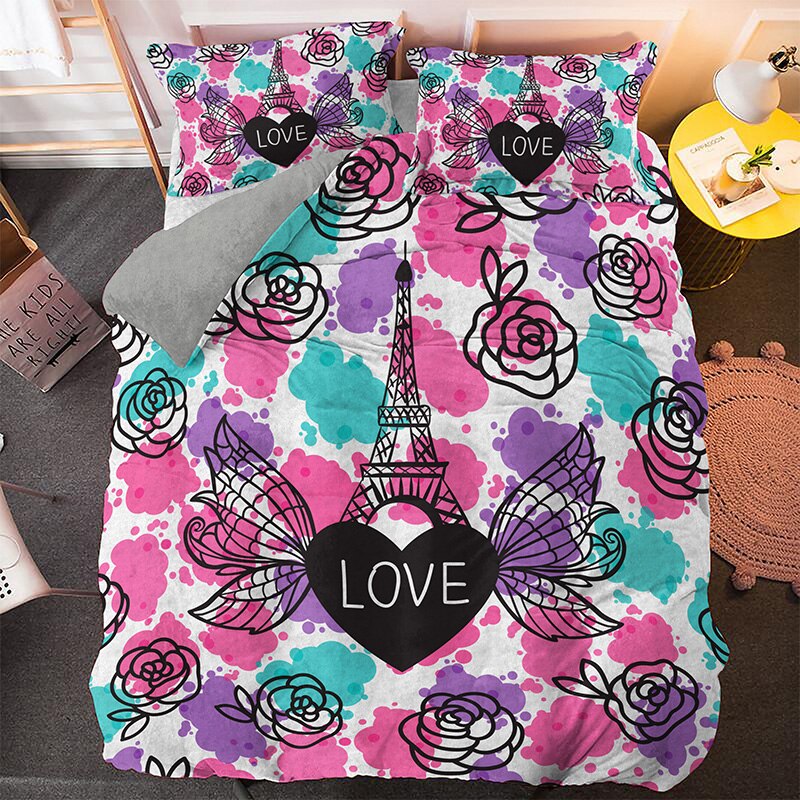 Rosa und blauer Eiffelturm-Bettbezug