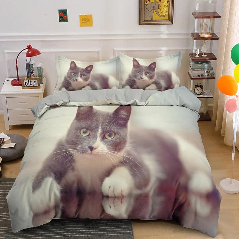 Bettbezug 200 x 200, graue und weiße Katze