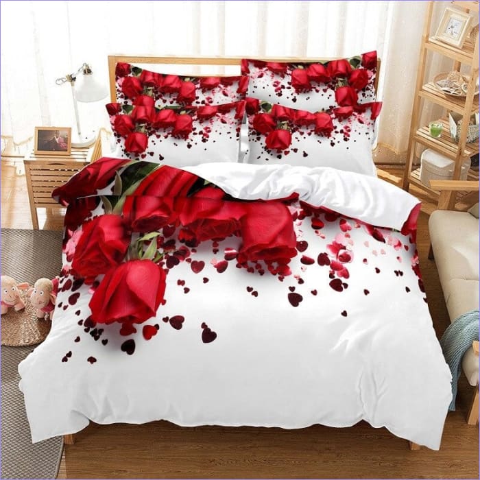 Weißer Bettbezug mit roten Rosen