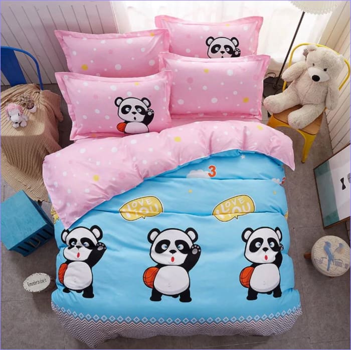 Blauer und rosa Panda-Bettbezug „Love You“.
