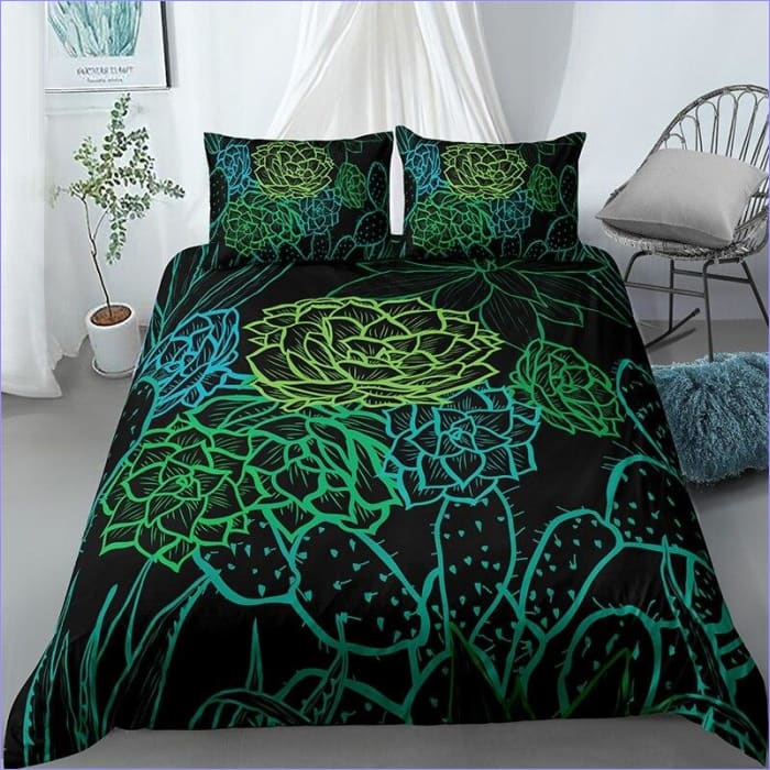 Schwarzer und neongrüner Kaktus-Bettbezug