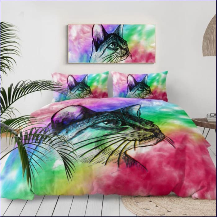 Bettbezug mit farbenfrohem Porträt einer Katze