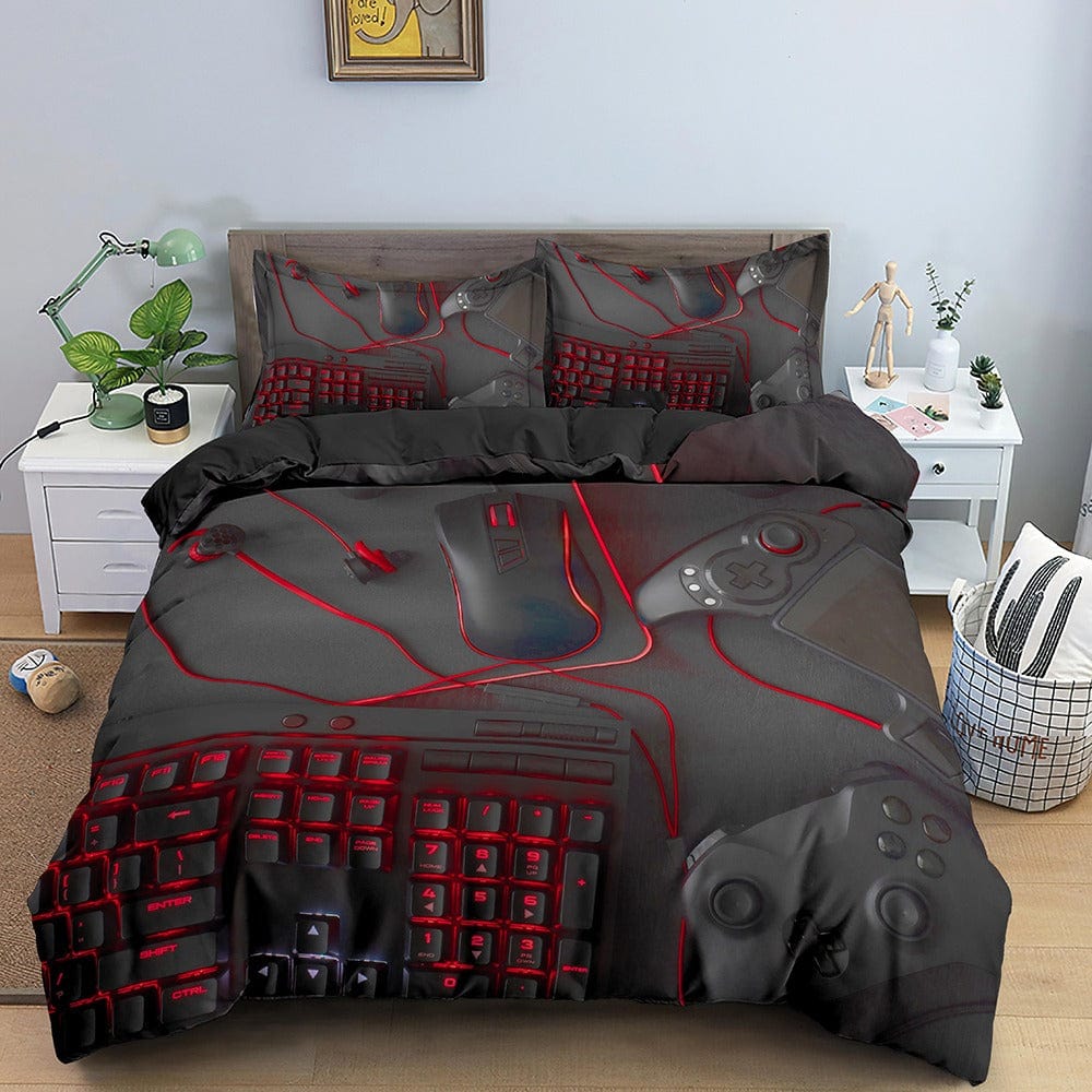 Grauer Gaming-Bettbezug mit Maus und Tastatur