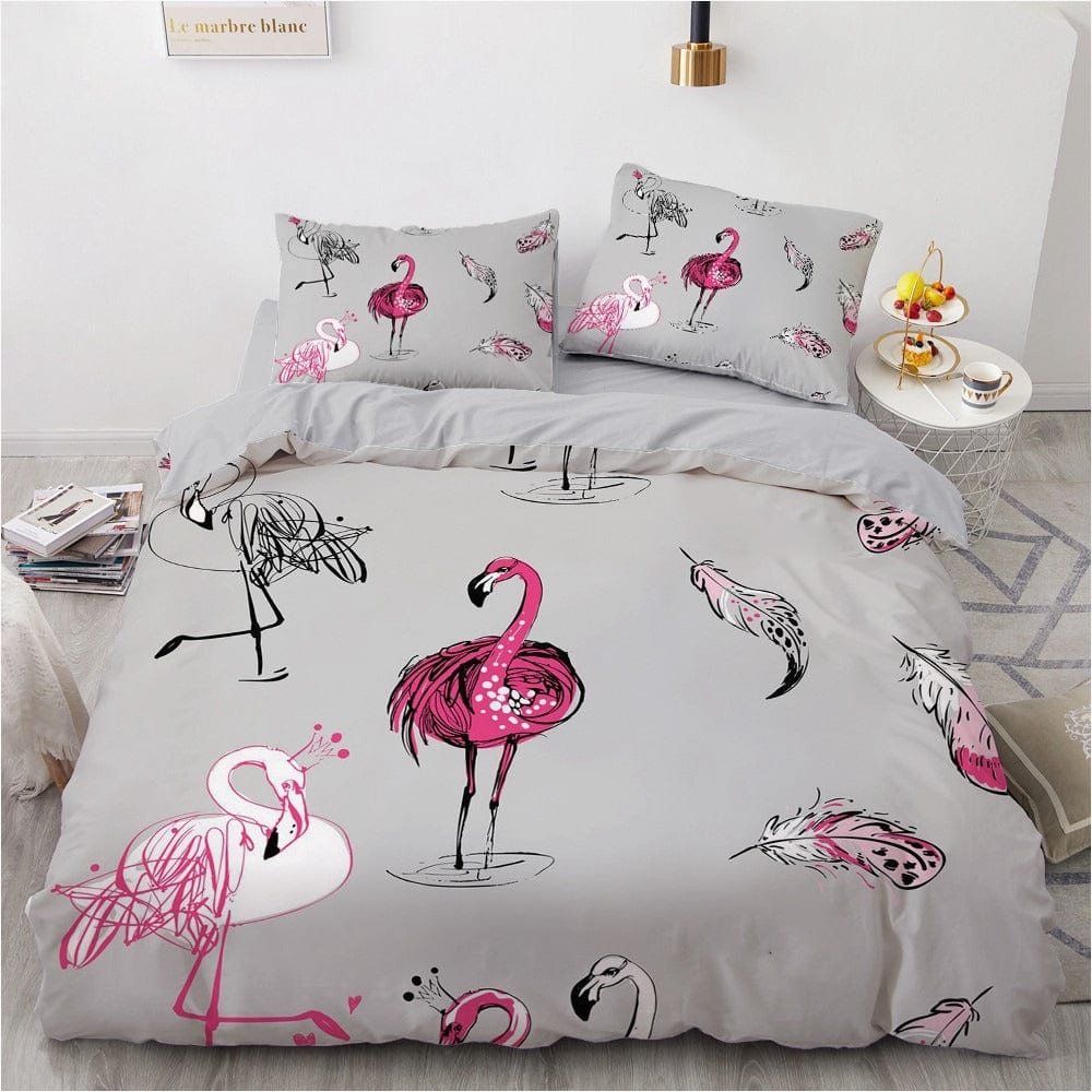 Grauer Bettbezug für Kinder mit Flamingomuster
