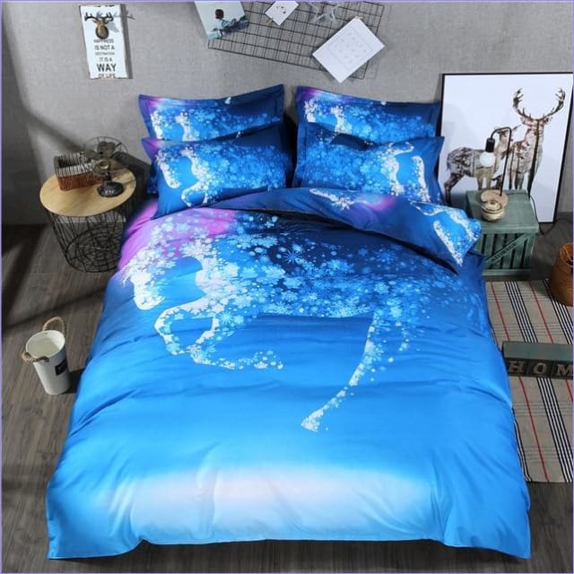 Blauer Einhorn-Bettbezug mit Blumenmuster