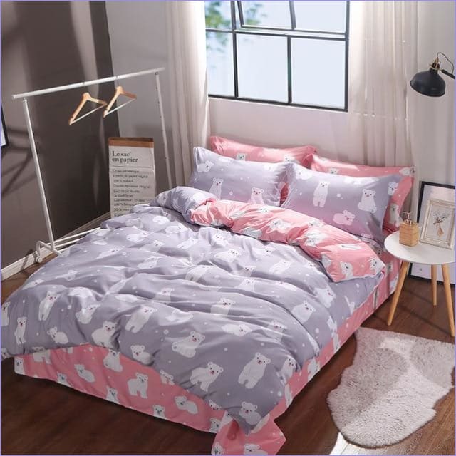 Grauer und rosa Teddybär-Bettbezug (wendbar)