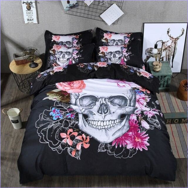 Bettbezug Totenkopf-Kranich und Blumen
