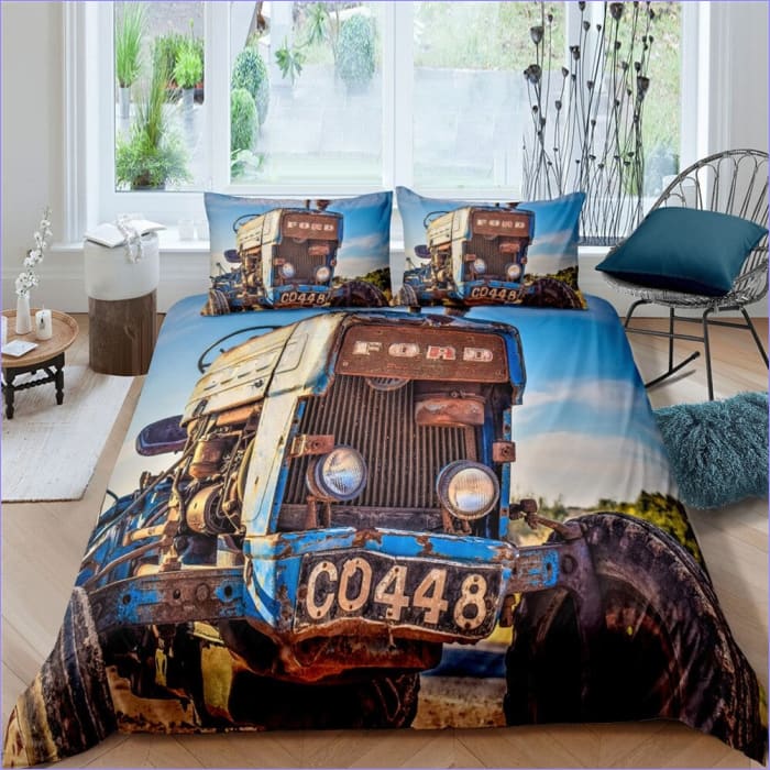 Blauer Vintage-Traktor-Bettbezug