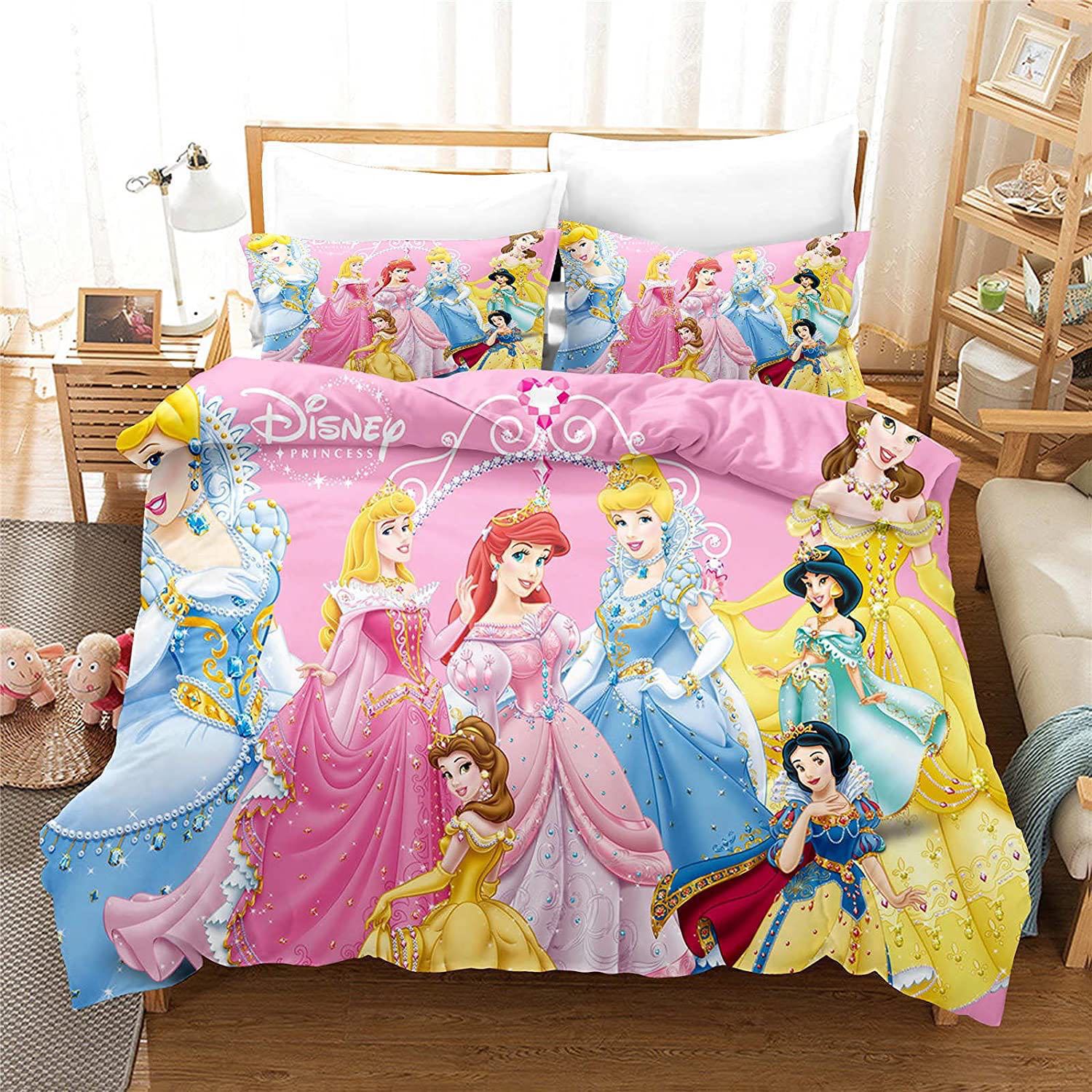 Rosa Bettbezug mit Disney-Prinzessinnen im Ballkleid